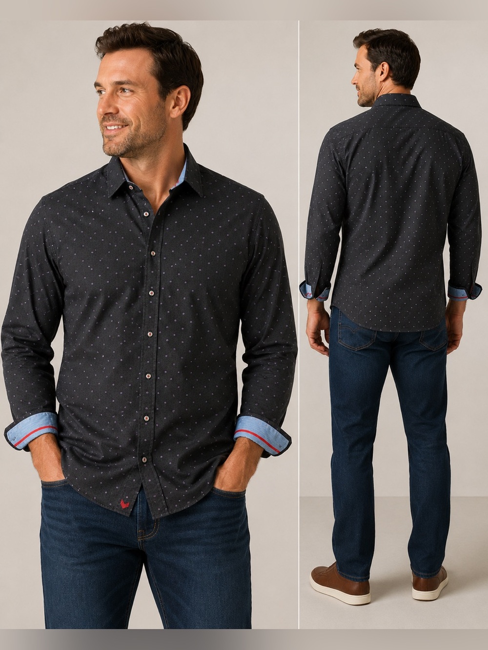 Butter Cloth Men’s 2XL Black Geometric Print Button Up Shirt Long Sleeve Stretch